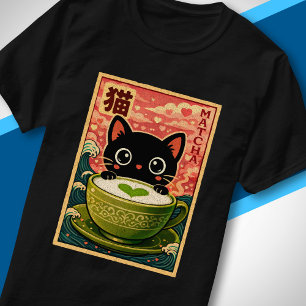 Kawaii Japanse Cute Zwarte Kat Drinkt Matcha Thee T-shirt