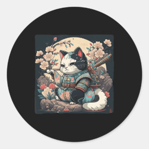 Kawaii Japanse stijl Samurai Cat Kitten Anime Ronde Sticker