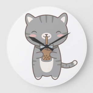 Kawaii kat boba melkthee schattige grijze tabby ki grote klok
