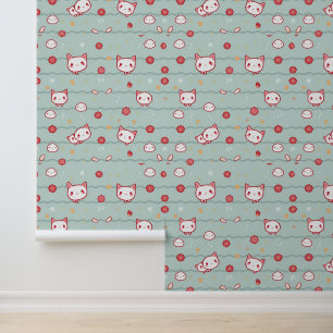 Kawaii kat en bloemmotief op blauw behang