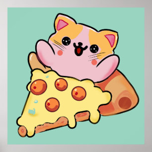 Kawaii Kat Knuffel Pepperoni Pizza Cartoon Poster