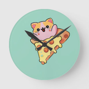 Kawaii Kat Knuffel Pepperoni Pizza Cartoon Ronde Klok
