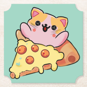 Kawaii Kat Knuffelende Pepperoni Pizza Cartoon Kartonnen Onderzetters