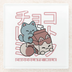 Kawaii Kat met Chocolademelk – Japanse Pop Art Glazen Onderzetter