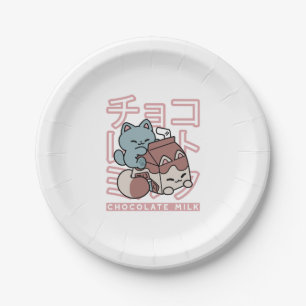 Kawaii Kat met Chocolademelk – Japanse Pop Art Papieren Bordje