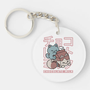 Kawaii Kat met Chocolademelk – Japanse Pop Art Sleutelhanger