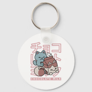 Kawaii Kat met Chocolademelk – Japanse Pop Art Sleutelhanger