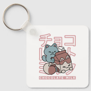 Kawaii Kat met Chocolademelk – Japanse Pop Art Sleutelhanger