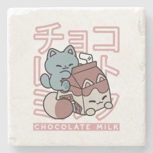 Kawaii Kat met Chocolademelk – Japanse Pop Art Stenen Onderzetter