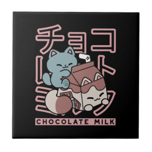 Kawaii Kat met Chocolademelk – Japanse Pop Art Tegeltje