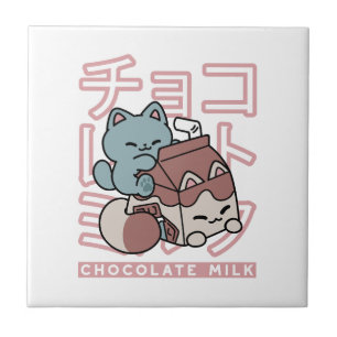 Kawaii Kat met Chocolademelk – Japanse Pop Art Tegeltje
