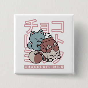 Kawaii Kat met Chocolademelk – Japanse Pop Art Vierkante Button 5,1 Cm