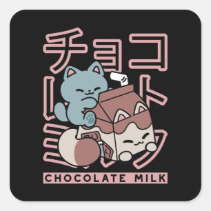 Kawaii Kat met Chocolademelk – Japanse Pop Art Vierkante Sticker