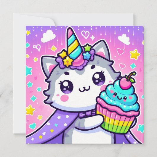 Kawaii Kat met cupcake Kaart (Voorkant)