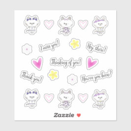 Kawaii kat, roze harten, sticker set