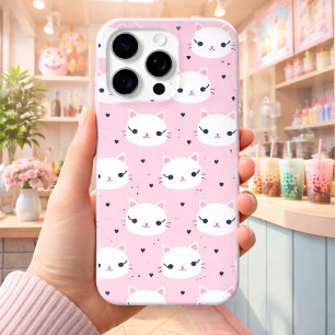 Kawaii Kattengezichten met Hartjes – Mooie Roze Pa iPhone 15 Pro Max Hoesje