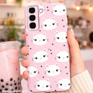 Kawaii Kattengezichten met Hartjes – Mooie Roze Pa Samsung Galaxy Hoesje