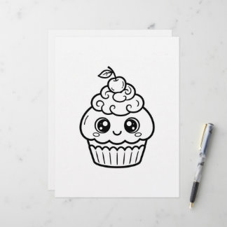 Kawaii-kers grote ogen cupcake kleurplaat briefhoofd