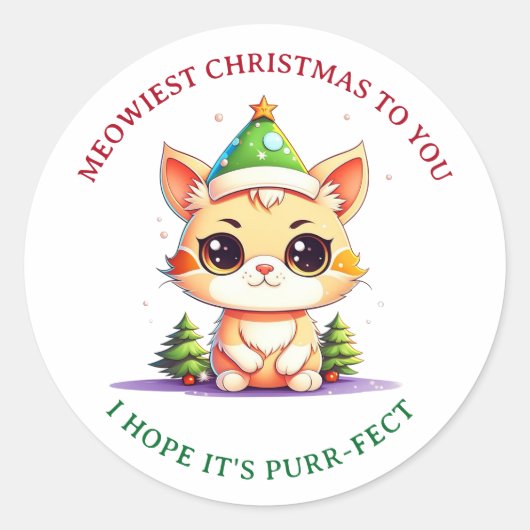 Kawaii Kerst Kitten Vakantie Kat Pun Ronde Sticker (Voorkant)