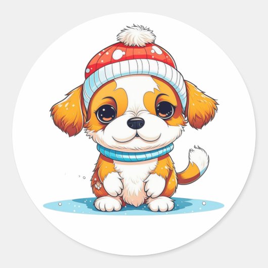 Kawaii Kerst Puppy Hond Ronde Sticker (Voorkant)