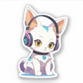Kawaii Kitten in Rocking Hoofdtelefoon Sticker (Voorkant)