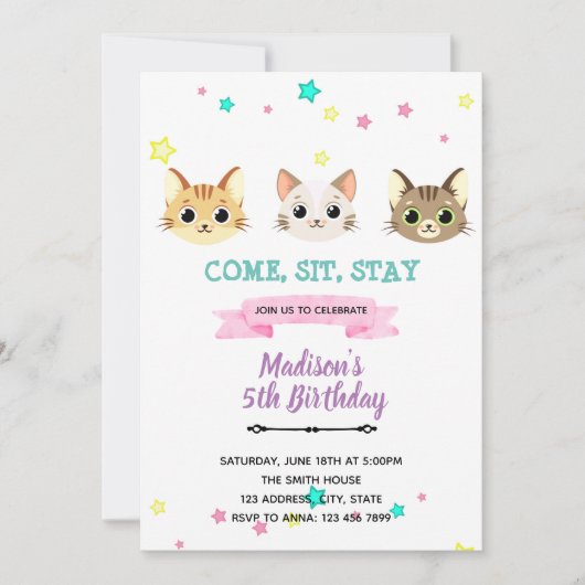 Kawaii kitty cat Birthday Invitation Kaart (Voorkant)