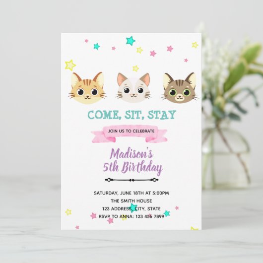 Kawaii kitty cat Invitation d'anniversaire (Debout devant)