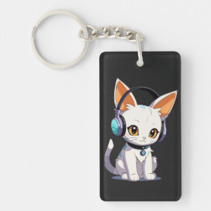 Kawaii Kitty in Stijlvolle Koptelefoon Sleutelhanger