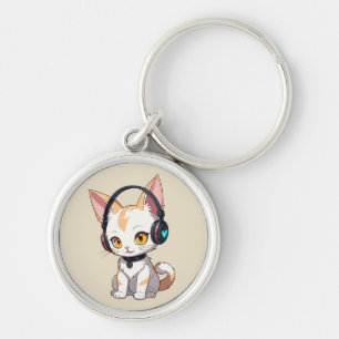 Kawaii Kitty met schommelende hoofdtelefoon Sleutelhanger