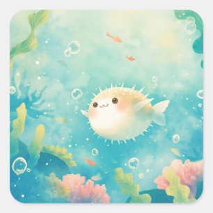 Kawaii Kogelvis Waterverf Onder de Zee Kinderkamer Vierkante Sticker