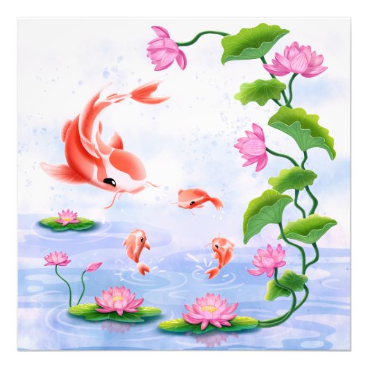 Kawaii Koi Vis Roze Water Lelies Vijver Foto Afdruk (Voorkant)