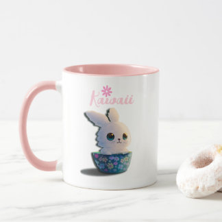 kawaii konijn in een kom met bloemen mok