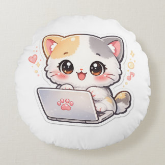 Kawaii Laptopkat Ronde Kussen | Cute Chibi Kitty