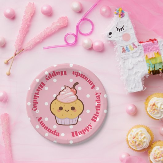 Kawaii Lovely Cupcake Birthday CUSTOM NAME Papieren Bordje (Feest)
