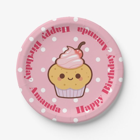 Kawaii Lovely Cupcake Birthday CUSTOM NAME Papieren Bordje (Voorkant)