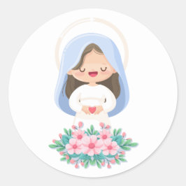 Kawaii Maagd Maria met Hart - Wit Ronde Sticker