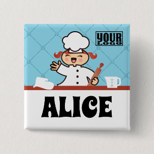 Kawaii meisje chef-kok kinder koken naam tag badge vierkante button 5,1 cm