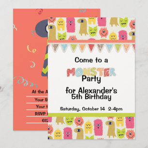 Kawaii Monster Birthday Party Invitation Kaart