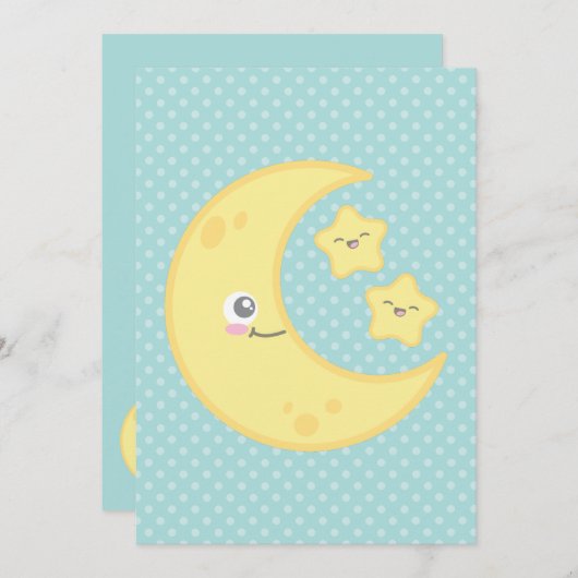 Kawaii Moon en Stars Baby Shower Invitations Kaart (Voorkant / Achterkant)