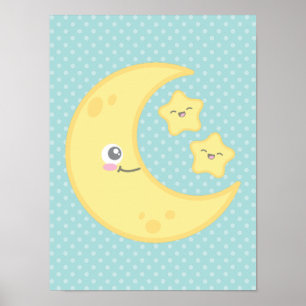 Kawaii Moon en Stars Poster Print
