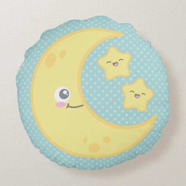 Kawaii Moon en Stars Round Pillow Rond Kussen (Achterkant)