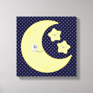 Kawaii Moon en Stars Wrapped Canvas Afdruk