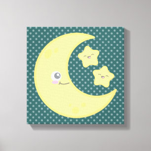 Kawaii Moon en Stars Wrapped Canvas Afdruk