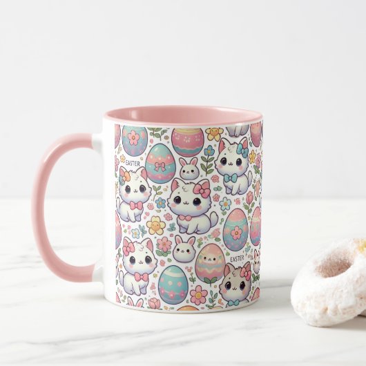 Kawaii Mug de chat de Pâques - Cute Kitty OEufs co (Avec donut)