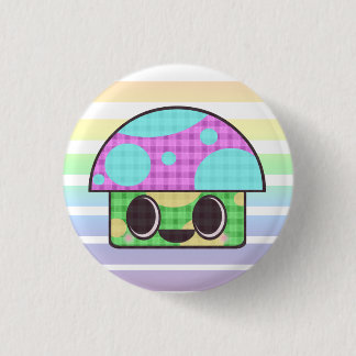 KAWAII MUSHROOM SHROOM GINGHAM PATCHWORK PLAID RONDE BUTTON 3,2 CM