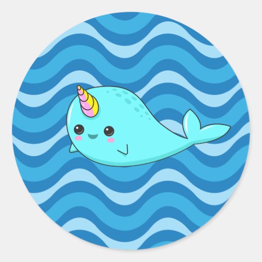Kawaii Narwhal Blue Waves Sticker (Voorkant)
