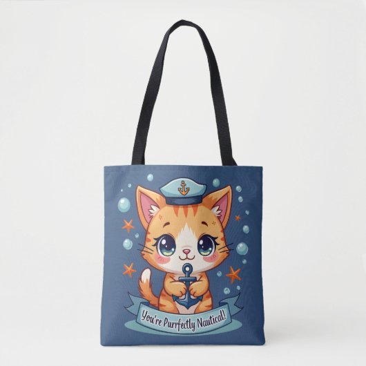 Kawaii Nautical Cat Sailing Anchor Pun Draagtas (Voorkant)