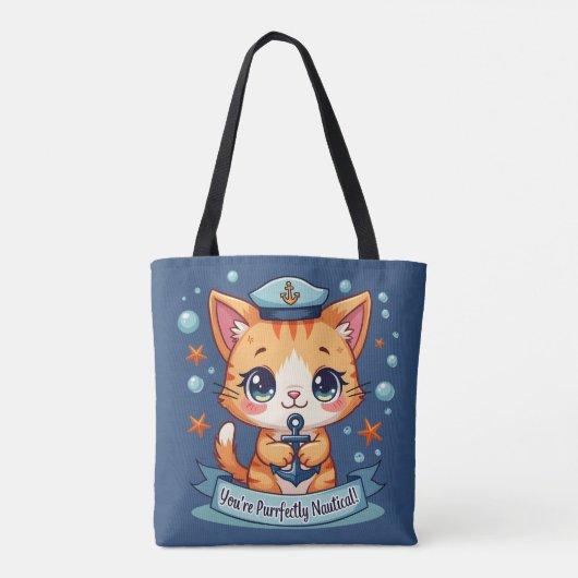 Kawaii Nautical Cat Sailing Anchor Pun Draagtas (Achterkant)