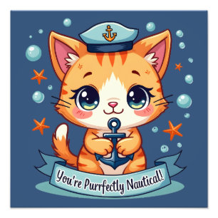 Kawaii Nautical Cat Sailing Anchor Pun Foto Afdruk