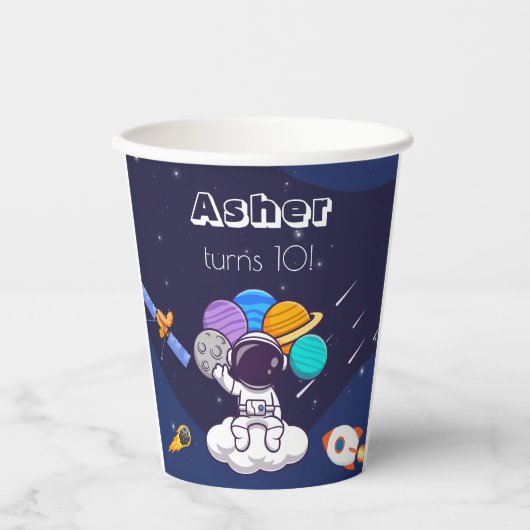 Kawaii navy blue space astronaut theme party papieren bekers (Voorkant)